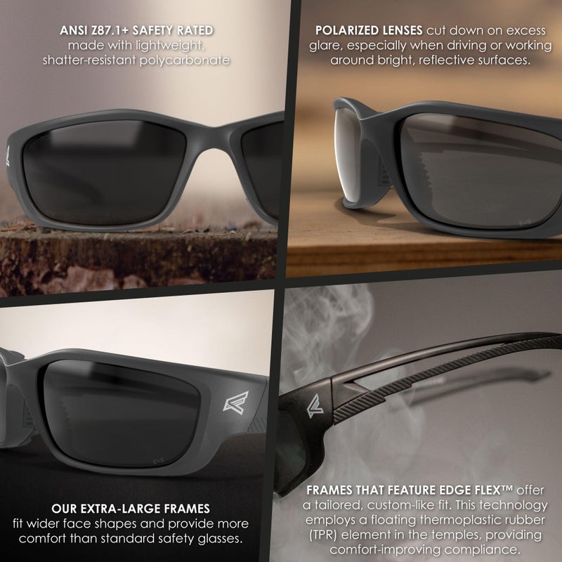 EDGE TSK-XL216 Kazbek XL Polarized Wrap-Around Safety Glasses, Anti-Scratch, Non-Slip, UV 400, Military Grade, ANSI/ISEA & MCEPS Compliant, XL Wide Fit (Black Frame, Smoke Lens) - Image 5